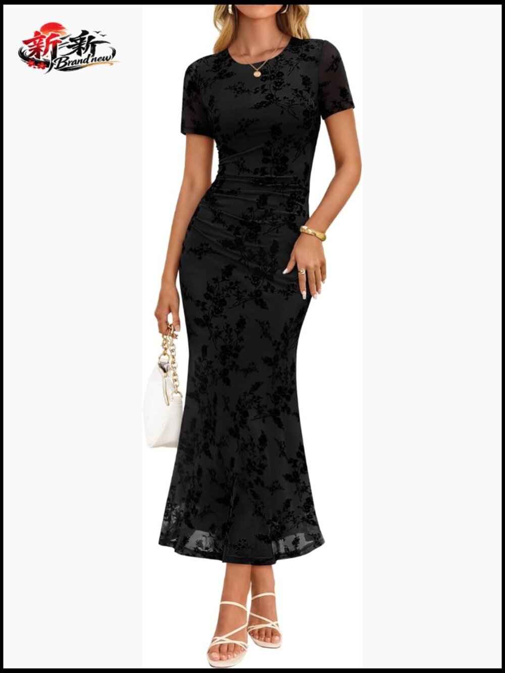 ZESICA Women Summer 2026 Floral Short Sleeve Bodycon Mesh Maxi Formal Dress